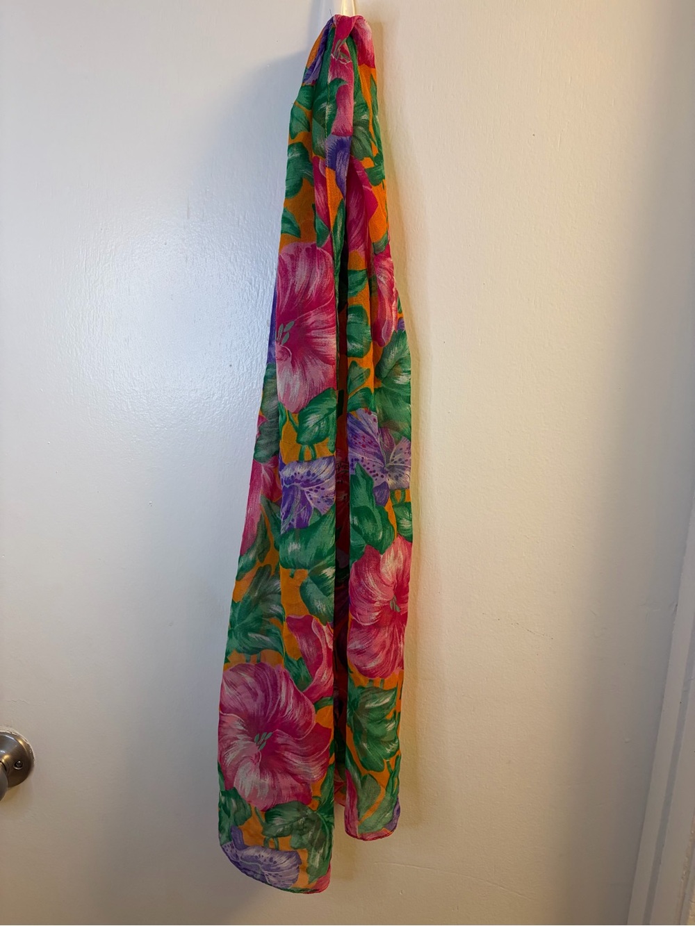 Vintage Tropical Floral Scarf Orange Pink Green Hawaiian Sheer 60” Long